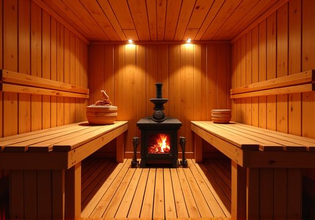 Innenansicht einer traditionellen Zirbenholz-Sauna mit Wärme und Licht
