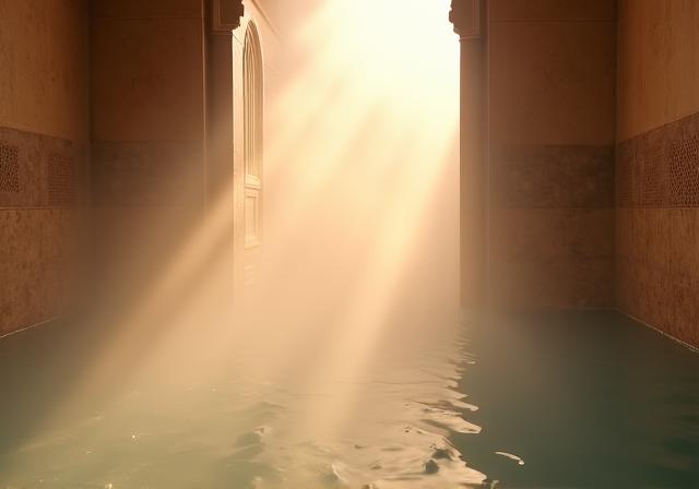Die gedämpfte Atmosphäre eines Hammam-Bades mit warmem Licht