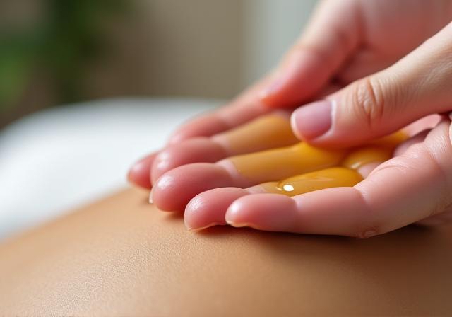 Eine Hand, die sanft Massageöl auf träufelt, für eine Tiefenmassage