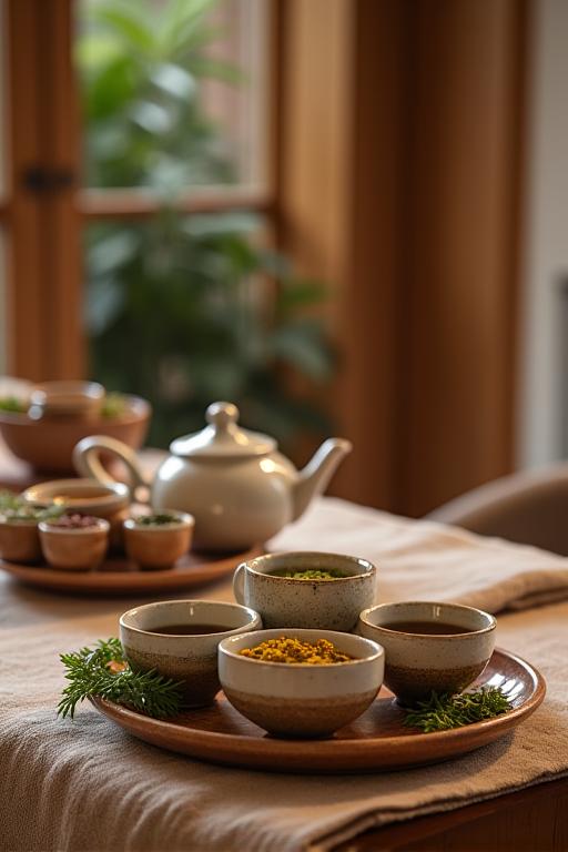 Eine Auswahl an beruhigenden Kräutertees in einer gemütlichen Ecke des Wellnessbereichs
